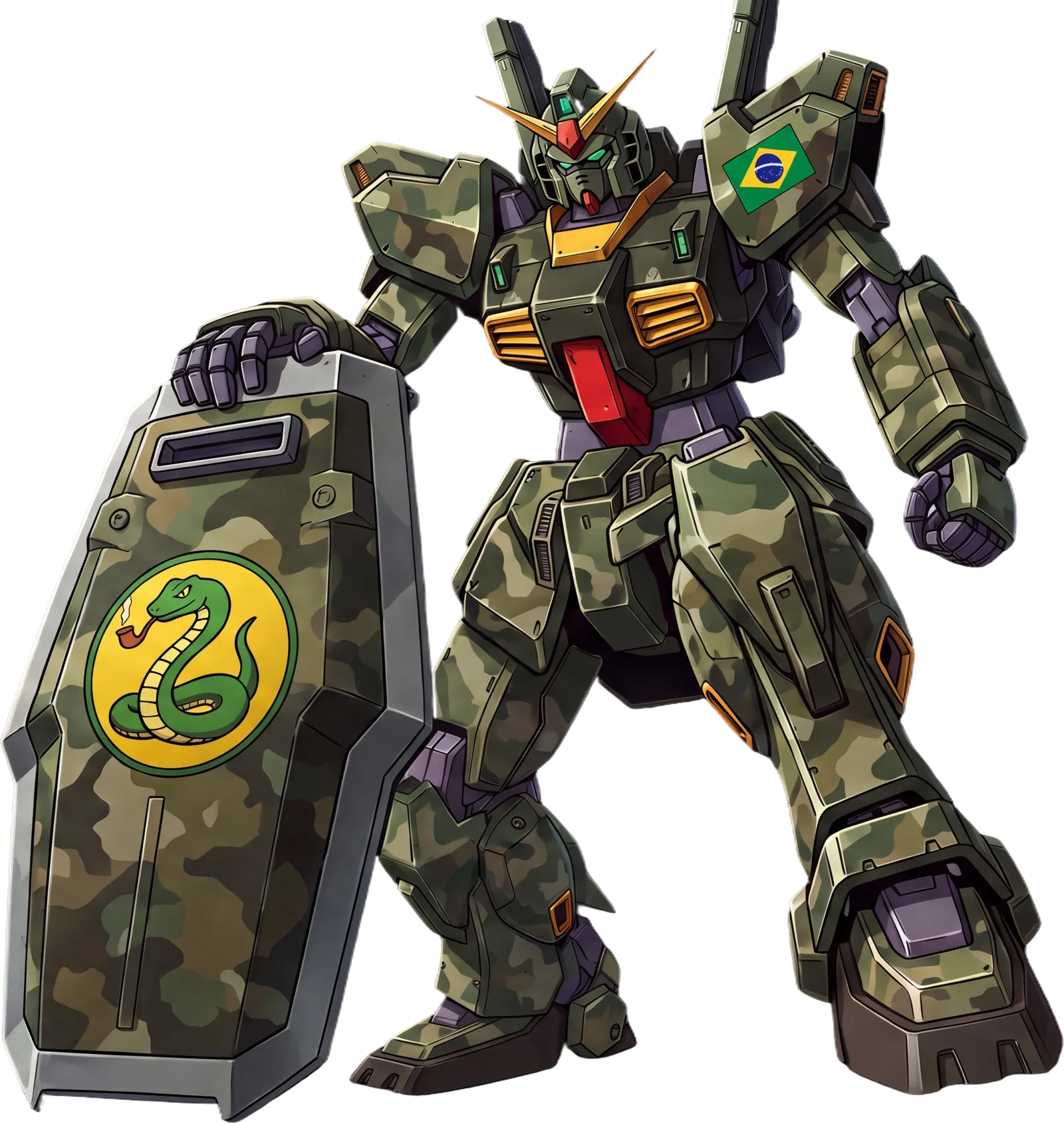 Mobile suit em camuflagem do Exército Brasileiro apoiado num escudo com a cobra fumando